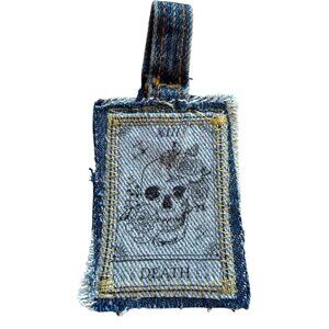 Unique denim keychain with skull design blue and black hues handmade upcycled